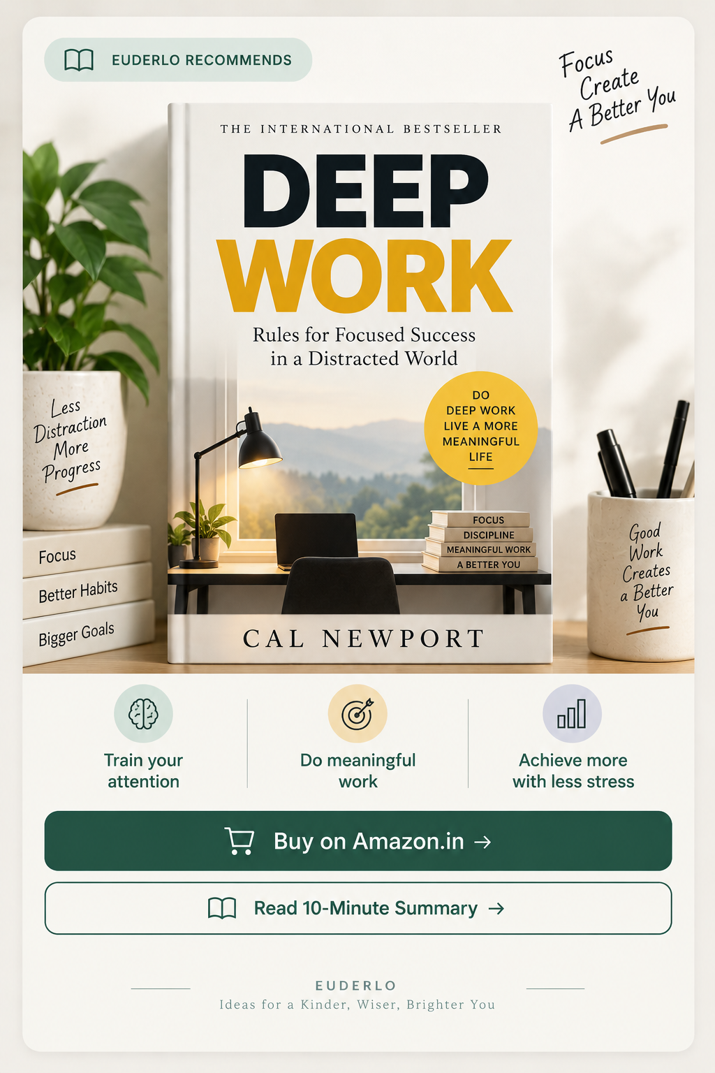 Deep Work by Cal Newport book recommendation about focused work, concentration and reducing distractions.