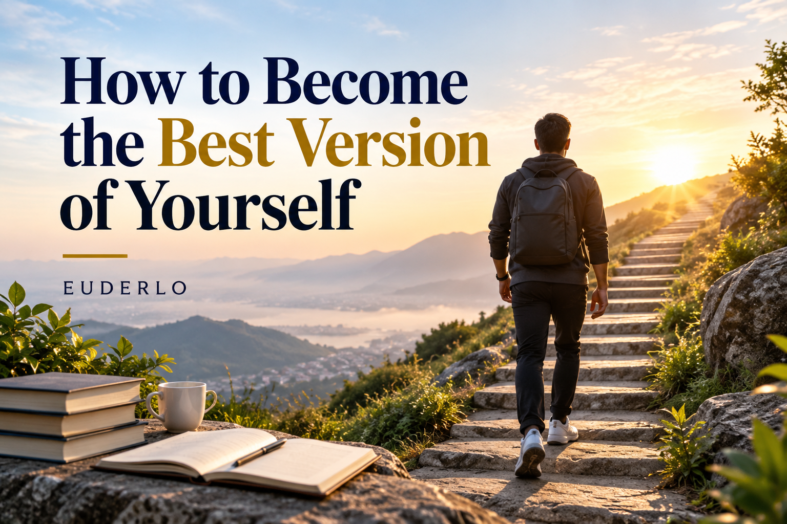 A motivational mountain journey representing personal growth and self-improvement. A person walks toward a bright sunrise, symbolizing progress, discipline, purpose, and the journey toward becoming the best version of yourself.