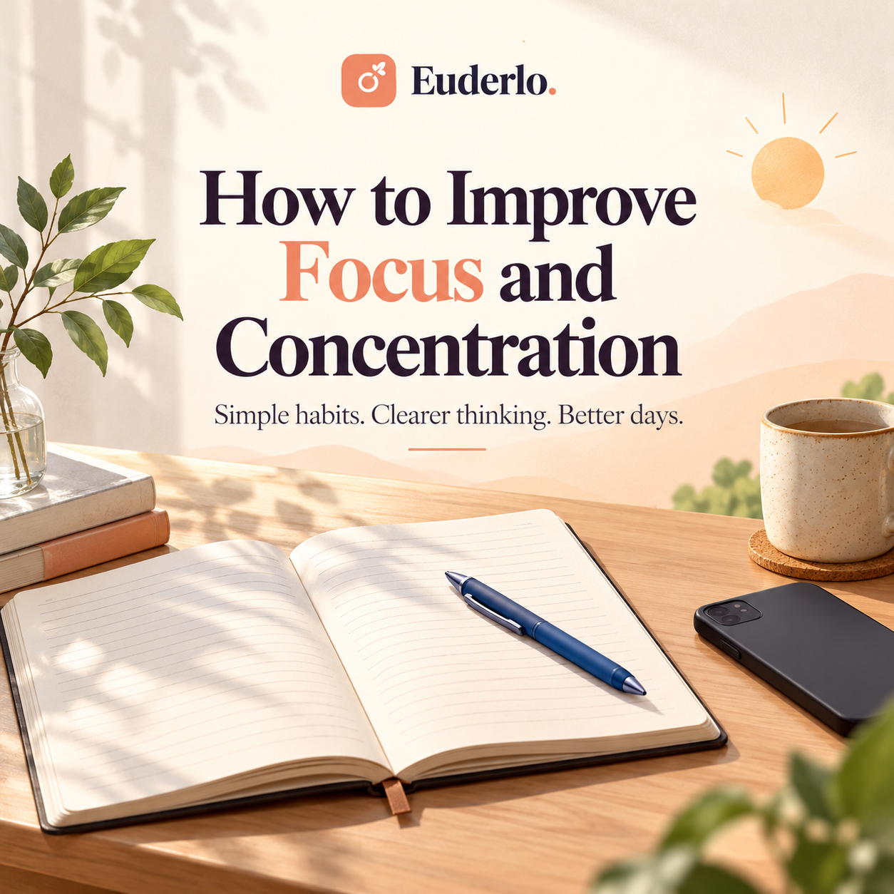 Euderlo guide to improving focus and concentration with a notebook, books, and a peaceful workspace.