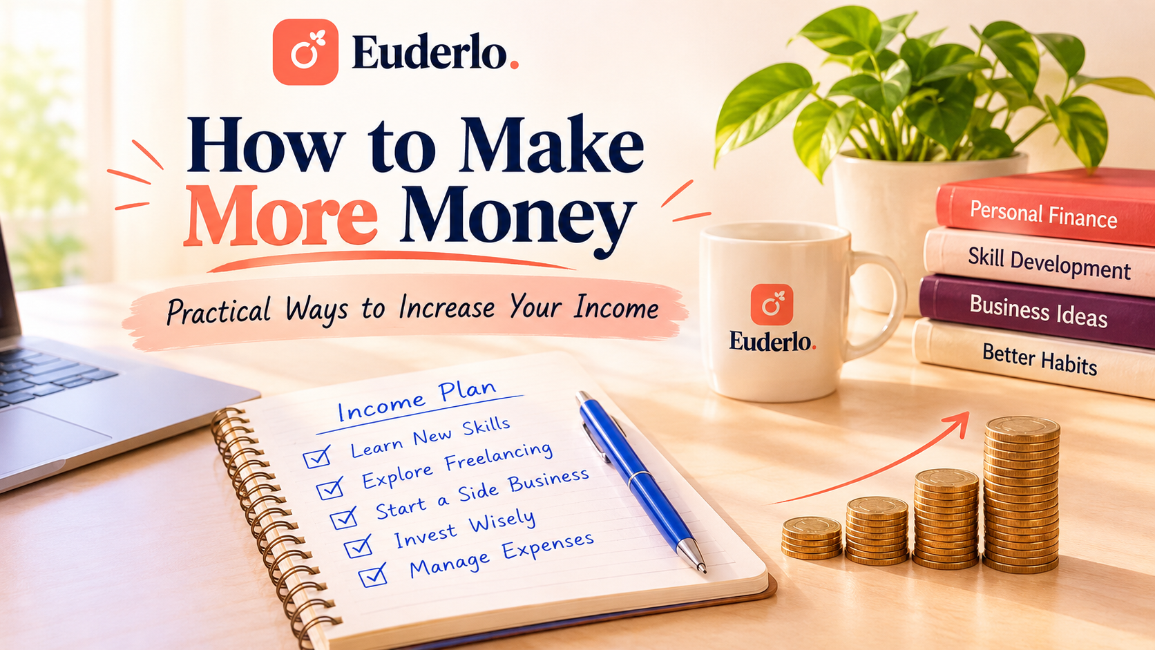 Euderlo illustration about how to make more money, featuring income planning, skill development, freelancing, personal finance books, and growing stacks of coins.