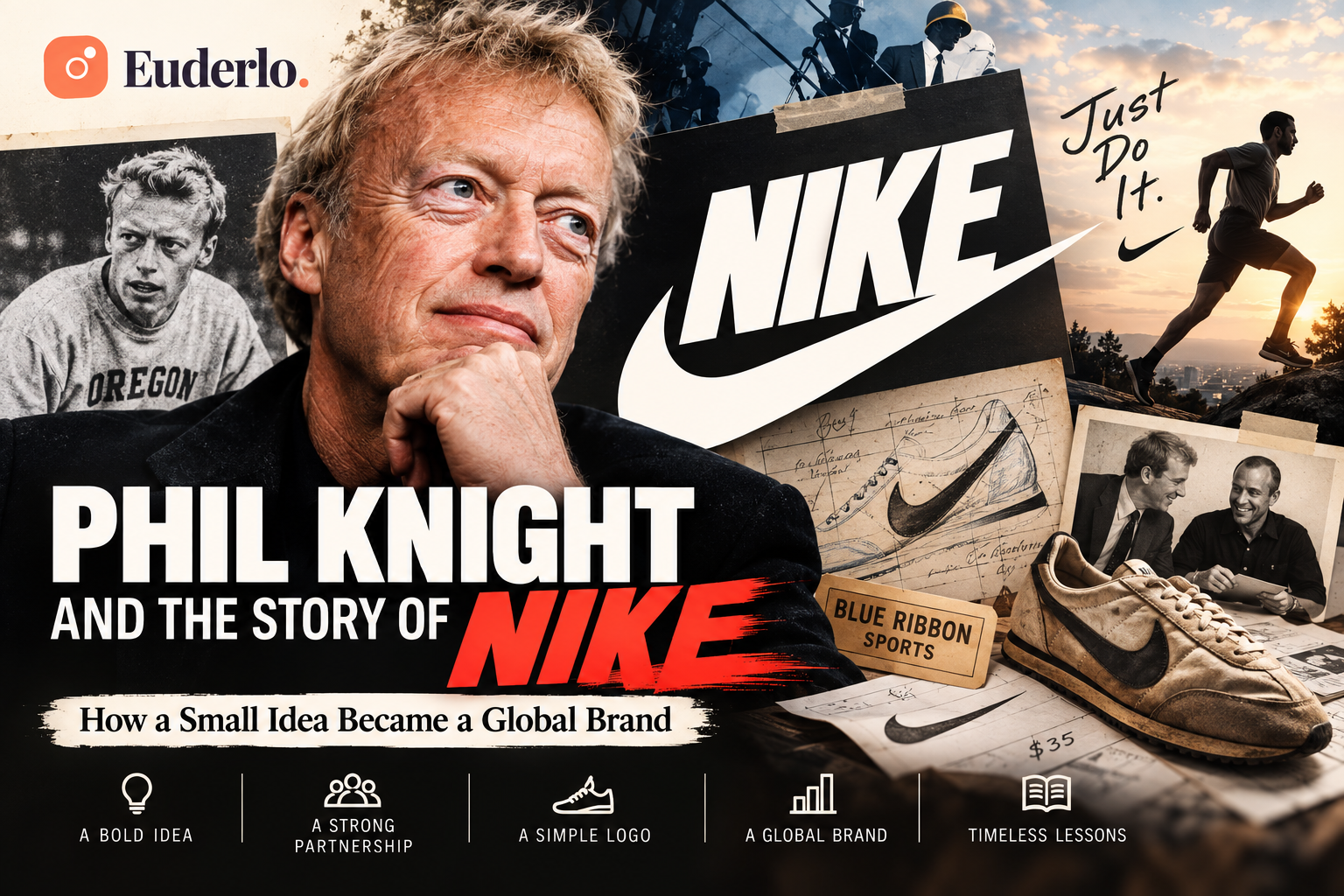 Phil Knight and the story of Nike, showing Nike's founder, the Swoosh, early Blue Ribbon Sports history, shoe sketches, and the journey from a small idea to a global brand.
